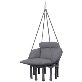 Hammock Swing Chair, Macrame Hanging Chair with Large Cushion, Chain, Steel Frame for Indoor Outdoor Use, Dark Gray