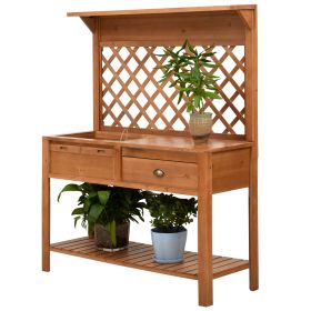 Garden Potting Bench, Outdoor Wooden Workstation Table w/ Metal Screen, Drawer, Hooks, Storage Shelf, and Lattice Back for Patio, Backyard and P (Option: Natural-1270x345x620 mm)