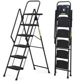 Portable 5-Step Ladder, Steel Construction With Compact Foldable Stool (Option: 5 steps black)